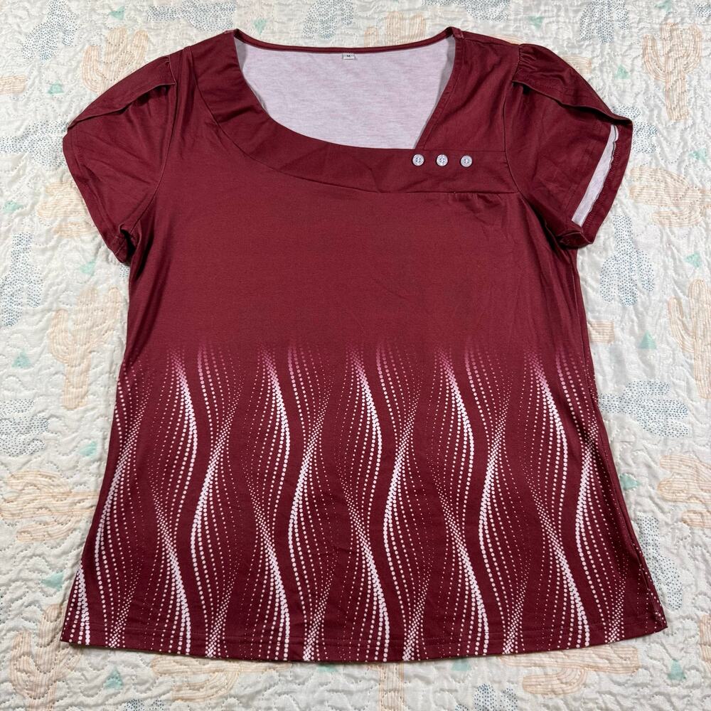 Women’s Burgundy Short Sleeve Blouse Medium Button Detail Stretch Top